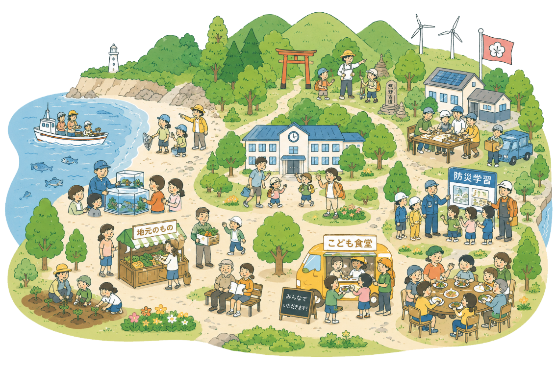 地域の学校・企業・自然がつながるイラスト